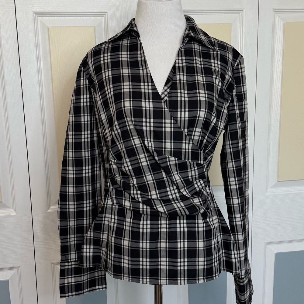 Talbots Black‎ and White Plaid Wrap Blouse with Notched Collar Sz 8